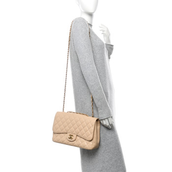 CHANEL Caviar Quilted Jumbo Single Flap Beige