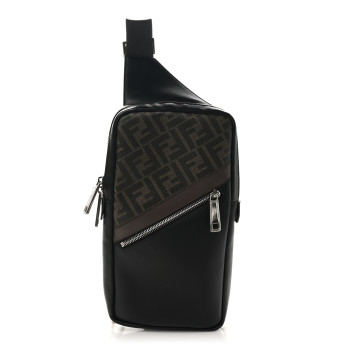 FENDI Glazed Fabric Vitello Liberty FF 1974 Diagonal Sling Bag Tobacco Moresco Black