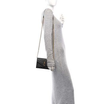 SAINT LAURENT Grain De Poudre Matelasse Chevron Monogram Envelope Chain Wallet Black