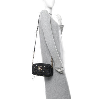 GUCCI Calfskin Matelasse Studded Small Pearly GG Marmont Chain Shoulder Bag Black