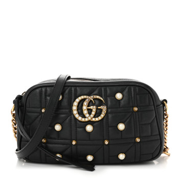 GUCCI Calfskin Matelasse Studded Small Pearly GG Marmont Chain Shoulder Bag Black