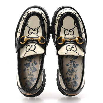 GUCCI Azalea Calfskin GG Monogram Bi-Color Debossed Womens Harald Horsebit 25mm Platform Loafers 36 Mystic White Black