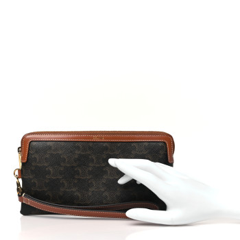 CELINE Triomphe Calfskin Long Pouch With Strap Tan