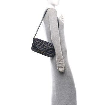 FENDI Chenille FF Embroidered Baguette Dark Blue Grey