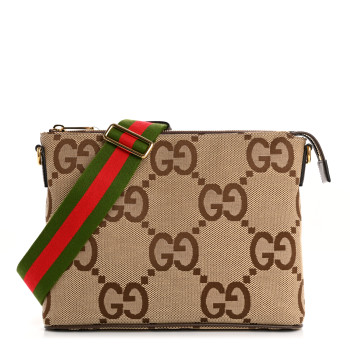 GUCCI Monogram Jumbo GG Textured Dollar Calfskin Web Wristlet Messenger Bag Camel Ebony New Acero