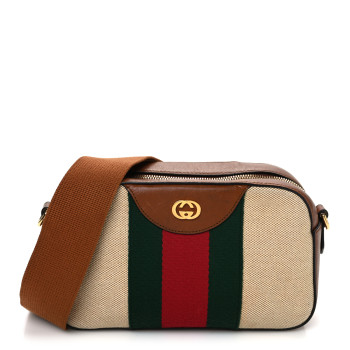 GUCCI Vintage Canvas Web Shoulder Bag Sand Cuir
