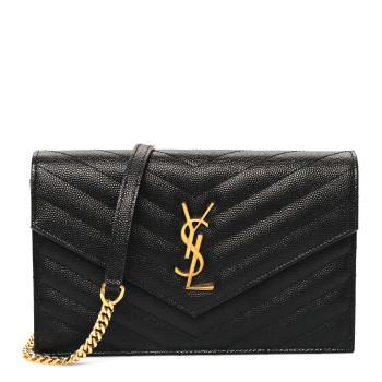 SAINT LAURENT Grain De Poudre Matelasse Chevron Monogram Envelope Chain Wallet Black