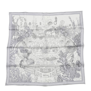 HERMES Vintage Silk Ex Libris Atlantis Scarf 70 White Gris Mastic