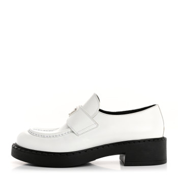 PRADA Brushed Calfskin Metal Triangle Logo 20mm Loafers 39.5 White