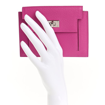 HERMES Chevre Mysore Kelly Pocket Compact Wallet Rose Pourpre