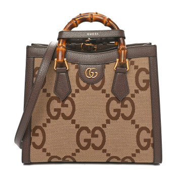GUCCI Monogram Jumbo GG Textured Dollar Calfskin Small Diana Tote Bag Camel Ebony New Acero