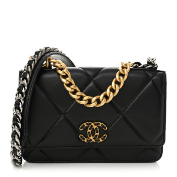 CHANEL Lambskin Quilted Chanel 19 Wallet On Chain WOC Black