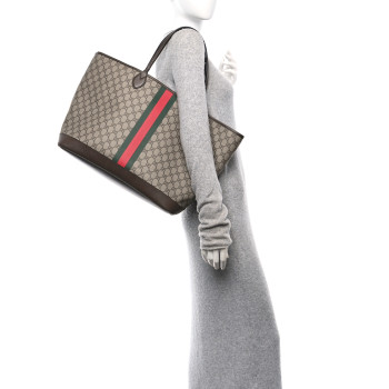 GUCCI GG Supreme Monogram Textured Dollar Calfskin Web Large Ophidia Tote Beige Ebony New Acero