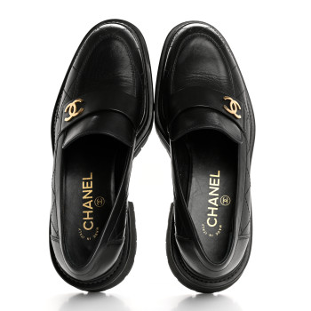 CHANEL Calfskin Quilted CC Mocassin Loafers 38 Black