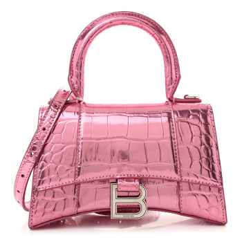 BALENCIAGA Metallic Shiny Calfskin Crocodile Embossed Hourglass Top Handle Bag XS Pink
