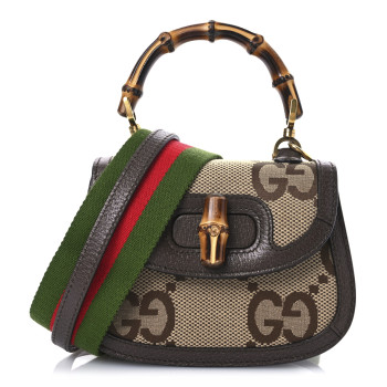 GUCCI Monogram Jumbo GG Textured Dollar Calfskin Web Mini Bamboo 1947 Top Handle Bag Camel Ebony New Acero