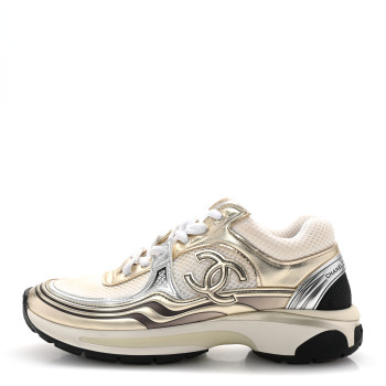 CHANEL Fabric Laminated Calfskin Stretch CC Sneakers 38.5 White Gold Silver