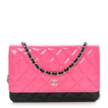 CHANEL Patent Quilted Bi-Color Wallet On Chain WOC Pink Black