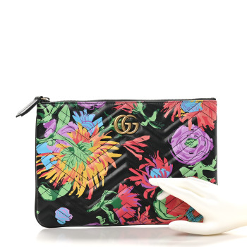 GUCCI X KEN SCOTT Calfskin Matelasse Floral Print GG Marmont Zip Pouch Black