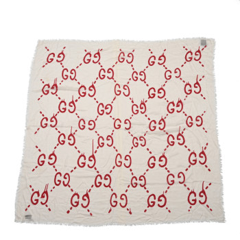 GUCCI Modal Silk GG Writers Shawl White Red