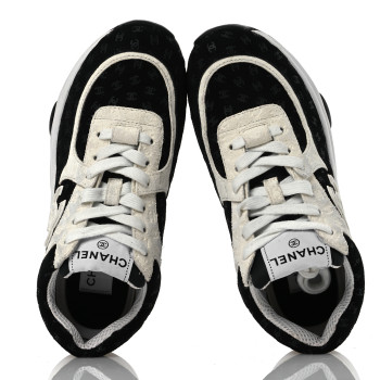 CHANEL Suede Calfskin Printed CC Sneakers 36 White Black