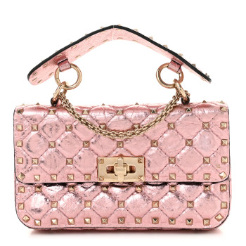 VALENTINO GARAVANI Metallic Wrinkled Lambskin Small Rockstud Spike Shoulder Bag Lipstick