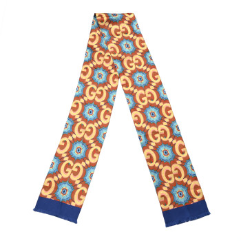 GUCCI Silk Monogram Kaleidoscope Gucci 100 Fringe Scarf Blue Orange Multicolor