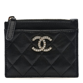 CHANEL Caviar Quilted Crystal CC Logo Zip Card Holder Black