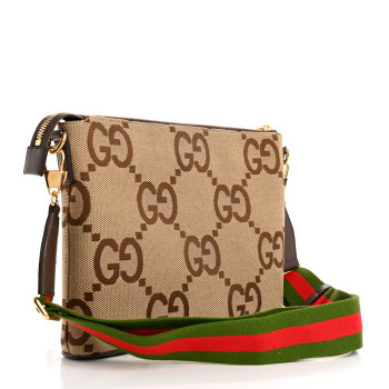 GUCCI Monogram Jumbo GG Textured Dollar Calfskin Web Wristlet Messenger Bag Camel Ebony New Acero