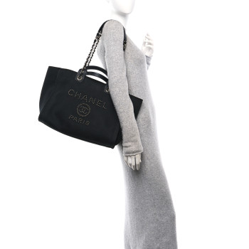 CHANEL Canvas Pearl Medium Deauville Tote Black