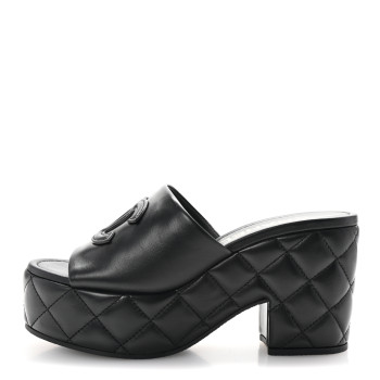 CHANEL Lambskin Quilted CC Platform Mules 37 Black