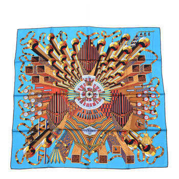 HERMES Silk Point D'Orgue Scarf 90 Bleu Azur Marron Juane D'or