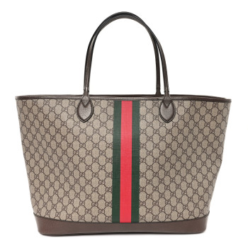 GUCCI GG Supreme Monogram Textured Dollar Calfskin Web Large Ophidia Tote Beige Ebony New Acero