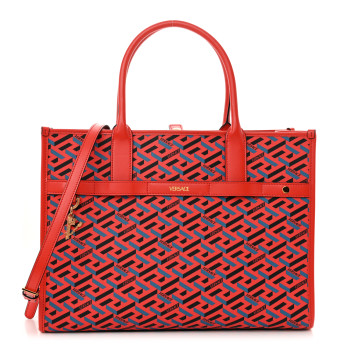 VERSACE Coated Canvas Calfskin La Greca Signature Tote Bag Blue Red