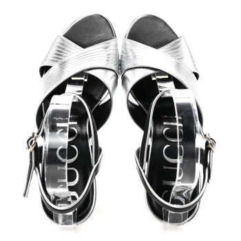 GUCCI Malaga Kid Webby Crossover High Heel Sandals 37 Silver
