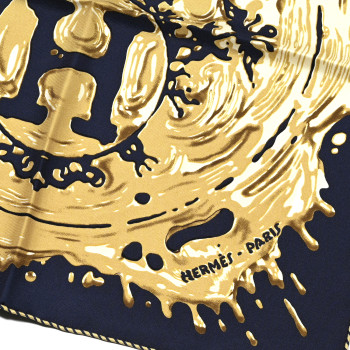HERMES Silk Peinture Fraiche Scarf 45 Bleu Black Bronze