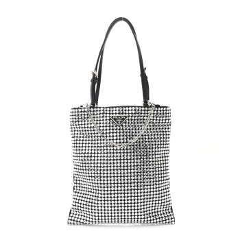 PRADA Satin Crystal Metal Triangle Logo Chain Crossbody Handbag Cristal
