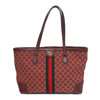 GUCCI Monogram Textured Dollar Calfskin Web Medium Ophidia Shopping Tote Sahara Rubino Chardonnay
