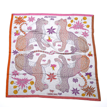 HERMES Cashmere Silk Les Leopards Shawl 140 Gris Chine Rose Or