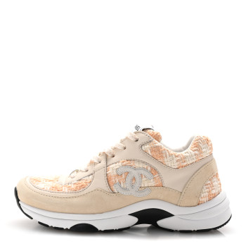 CHANEL Tweed Suede Calfskin Womens CC Sneakers 35.5 Orange