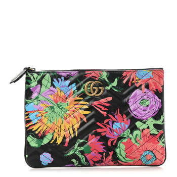 GUCCI X KEN SCOTT Calfskin Matelasse Floral Print GG Marmont Zip Pouch Black