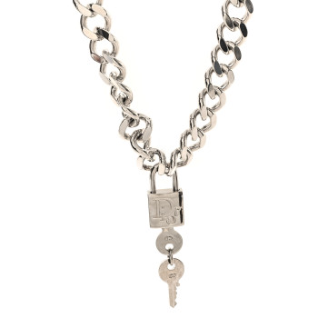 CHRISTIAN DIOR Metal Lock and Key Short Necklace Silver