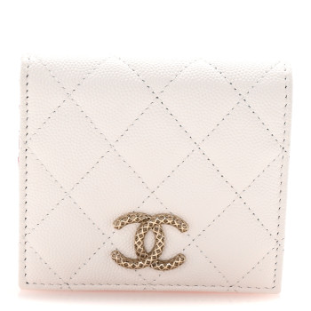 CHANEL Caviar Metal Perforated Quilted CC Compact Bi-Fold Flap Wallet White Pink