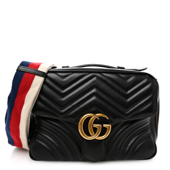 GUCCI Calfskin Matelasse Sylvie Web Small GG Marmont Top Handle Shoulder Bag Black