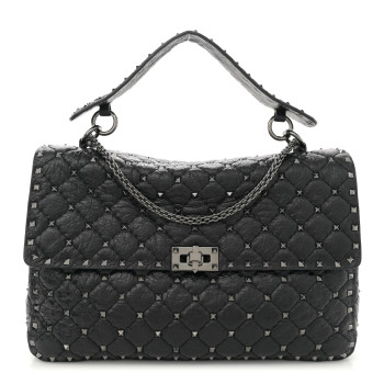 VALENTINO GARAVANI Craquele Nappa Large Rockstud Spike Shoulder Bag Black
