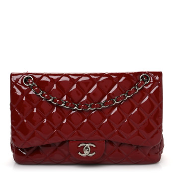 CHANEL Patent Quilted Jumbo Double Flap Red