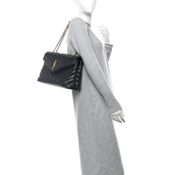 SAINT LAURENT Calfskin Y Quilted Monogram Medium Loulou Chain Satchel Black
