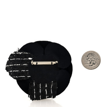 CHANEL Tweed Fabric Camellia Pin Brooch Black