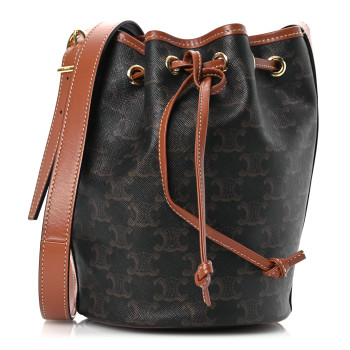 CELINE Triomphe Canvas Calfskin Small Drawstring Bucket Bag Tan