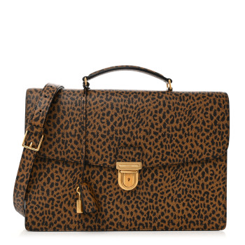 CELINE Grained Calfskin Leopard Print Cartable Small Briefcase Brown Black